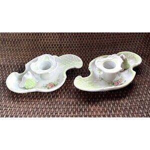 Cottagecore Candle Holder Pair w/ Snuffer Green  & White Victorian Style